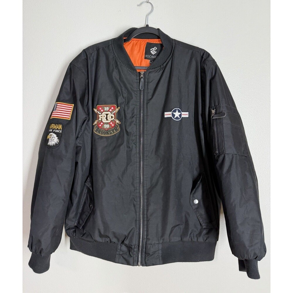 Vtg Y2K Rocawear 1999 Airman Task Force MA-1 Bomber Patch Jacket Black Large